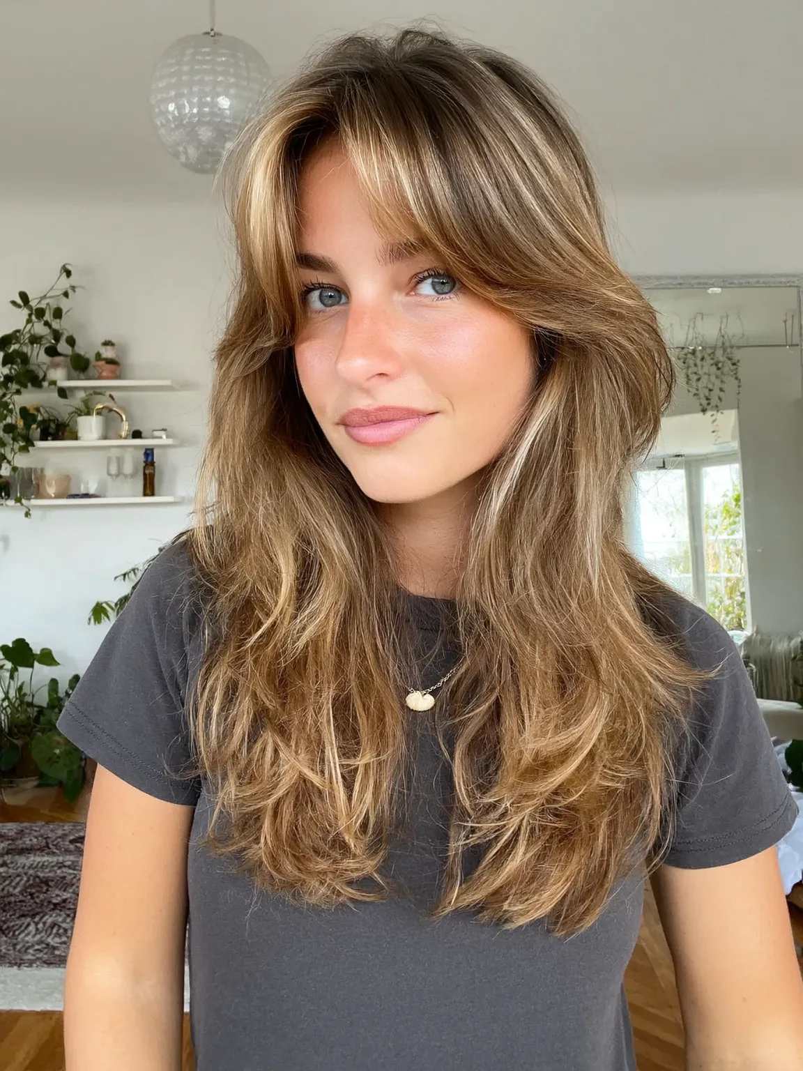Warm Caramel Brown Wavy Long Layers with Blonde Highlights and Curtain Bangs